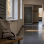 Skolkorridor med grå skåp, en ryggsäck på en träbänk och en mobiltelefon bredvid i eftermiddagsljus