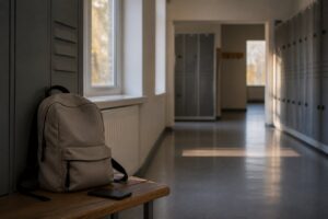 Skolkorridor med grå skåp, en ryggsäck på en träbänk och en mobiltelefon bredvid i eftermiddagsljus